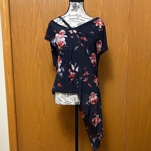 Le Chateau Navy Floral Asymmetrical Blouse
